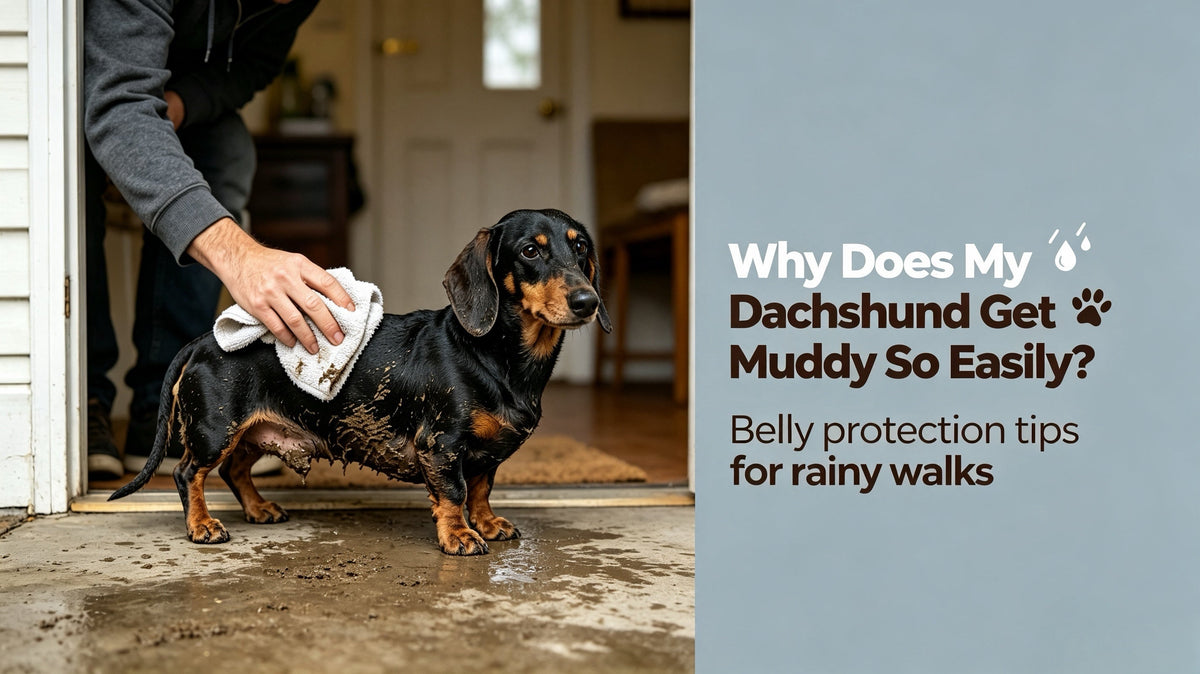 Blog cover: Dachshund being wiped after muddy rainy walk, article title Why Does My Dachshund Get Muddy So Easily?