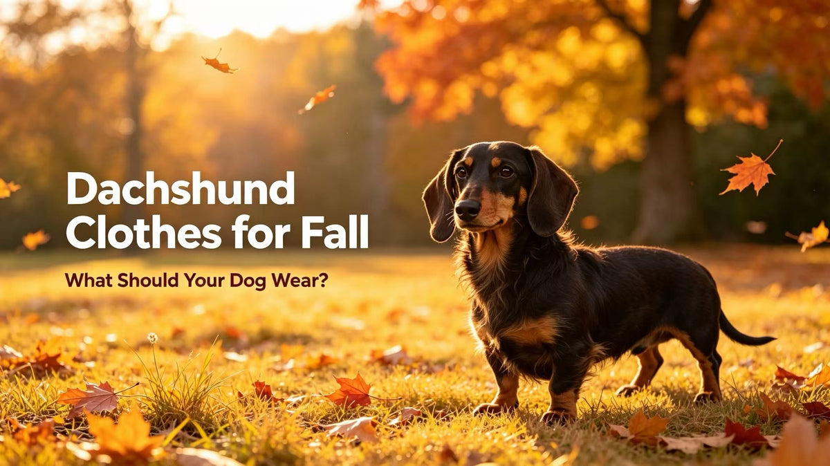Blog cover: Dachshund standing in autumn fallen leaves, fall clothing guide for dachshunds