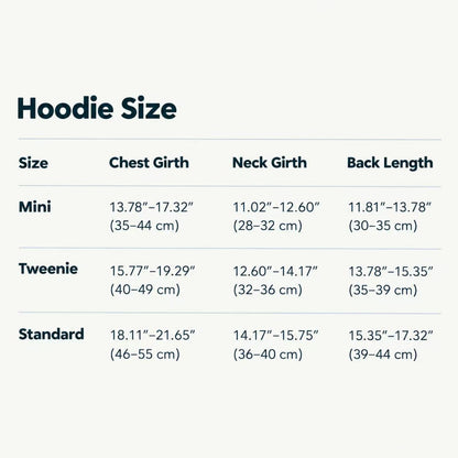 Dachshund hoodie size chart for long-backed dogs