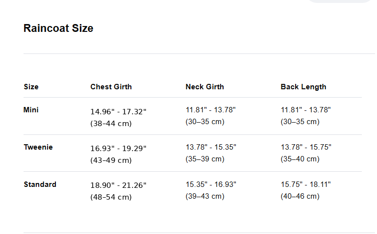 Dachshund raincoat size chart for long-backed dogs