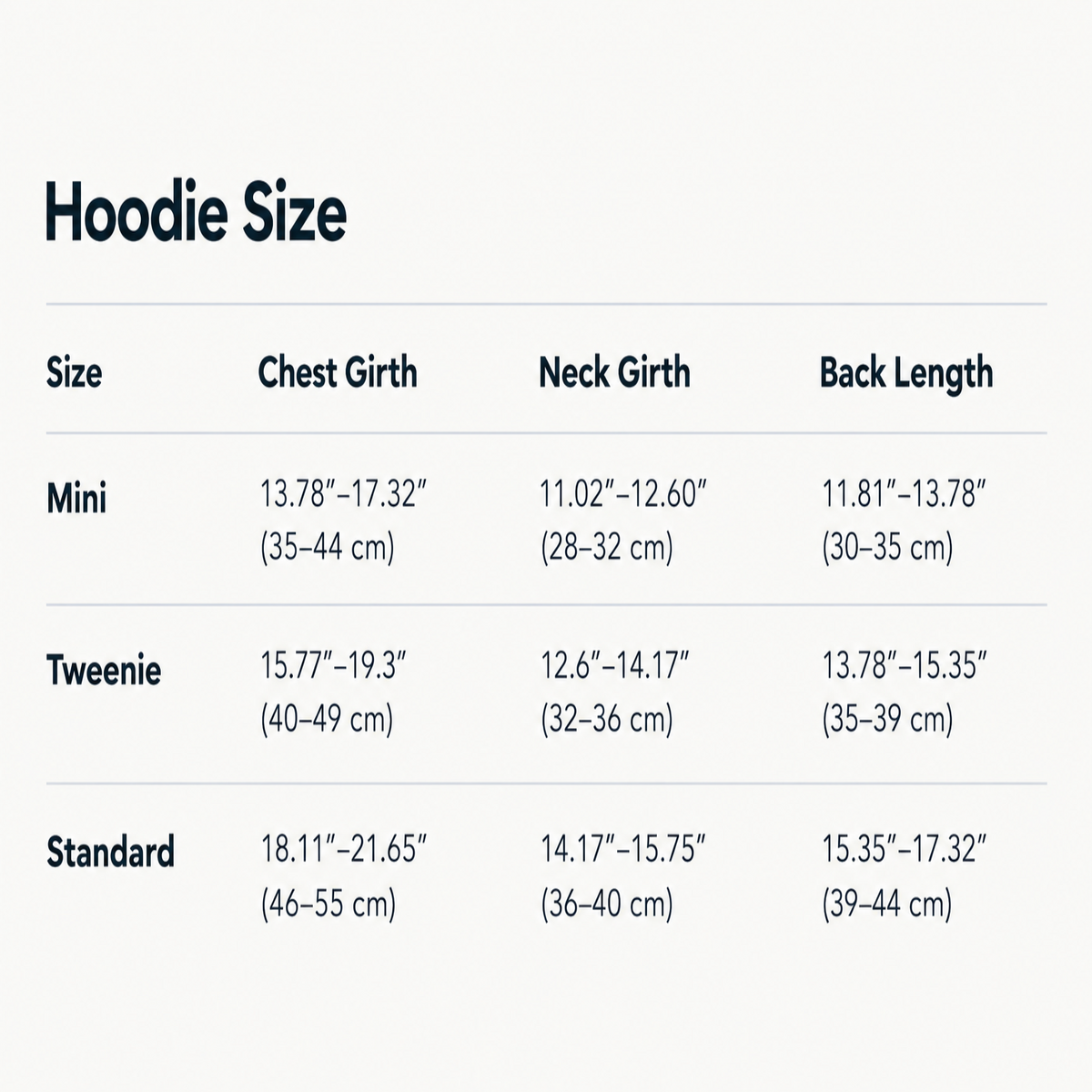 Dachshund hoodie size chart for long-backed dogs