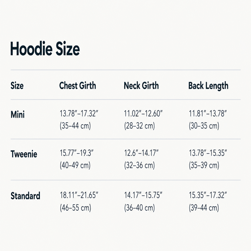 Dachshund hoodie size chart for long-backed dogs