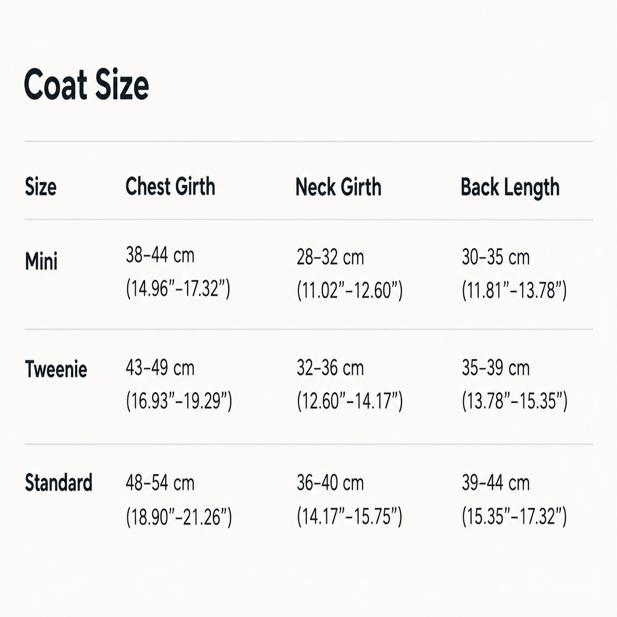 Dachshund coat size chart for long-backed dogs