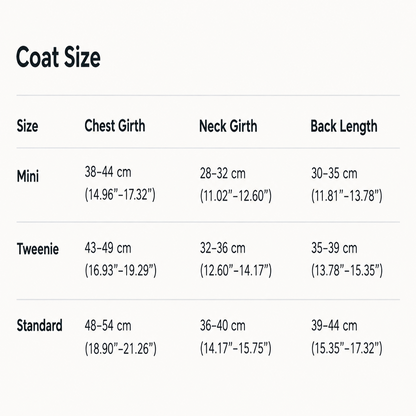 Dachshund coat size chart for long-backed dogs