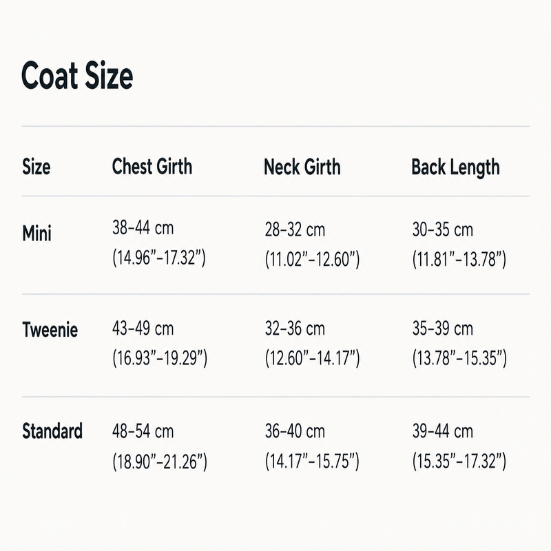 Dachshund coat size chart for long-backed dogs
